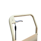 Close-up of a beige utility cart handle featuring a gray lever and a black cable mechanism for functionality.
