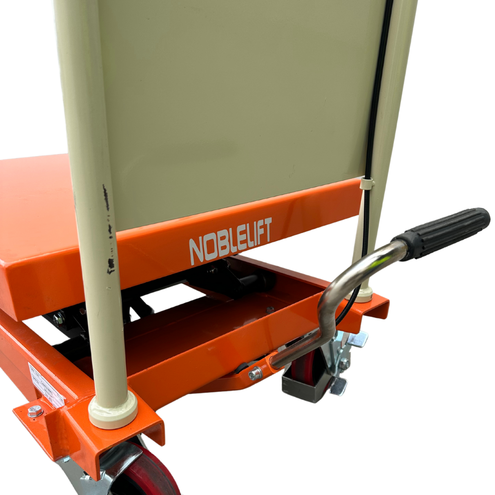 Close-up of a Noblelift equipment, showcasing the orange base, wheels, and handle of a lifting cart with a beige back.