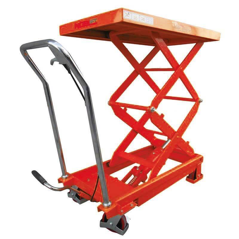 An orange scissor lift with a flat top, chrome handles, and wheels for mobility, used for lifting heavy objects.