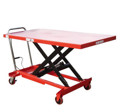 Red scissor lift table with a flat top and movable casters, designed for elevating heavy items safely.