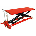 Red scissor lift table with a flat top, sturdy base, and handles, designed for elevating heavy objects safely and efficiently.