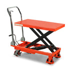 A lift table cart with a bright orange top and sturdy black frame, featuring wheels and a handle for mobility and support.