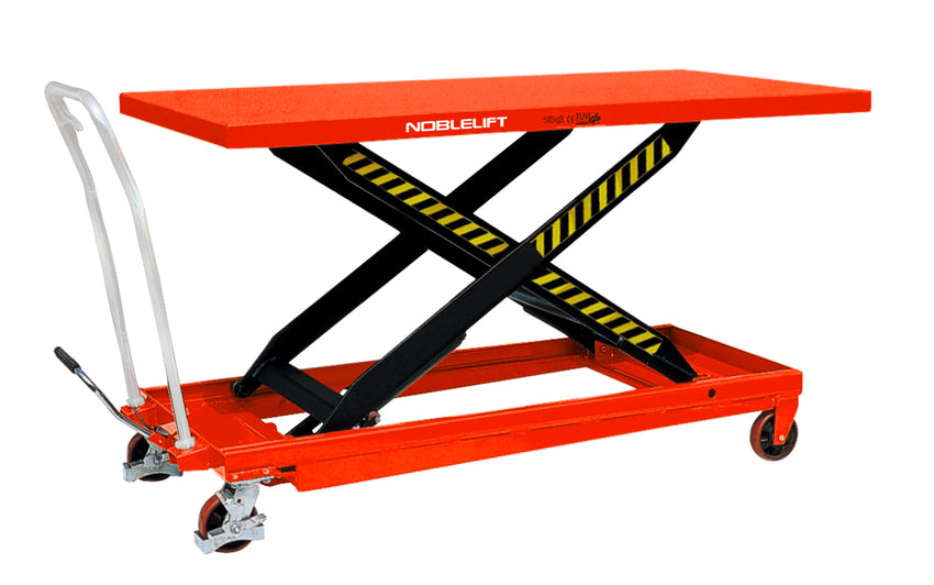 A red scissor lift table with a black base, featuring wheels and a handle for mobility, designed for lifting heavy items.