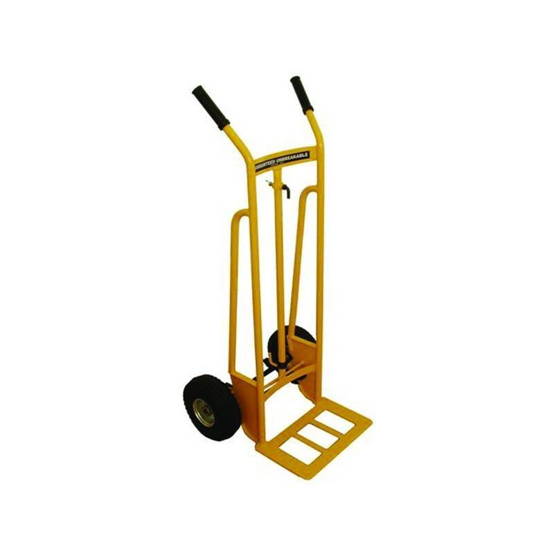 A yellow hand truck with two handles and a flat platform for transporting heavy items, featuring two sturdy wheels for easy maneuverability.
