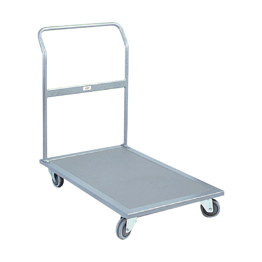 Metal utility cart with a flat surface and two wheels, featuring a tall handle for easy maneuvering. Ideal for transporting items.