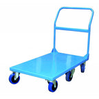 Blue flatbed cart with a sturdy handle and four swivel wheels for easy maneuvering, ideal for transporting items.