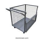Gray metal utility cart with a dropdown gate and mesh sides, designed for easy transport and storage on wheels.