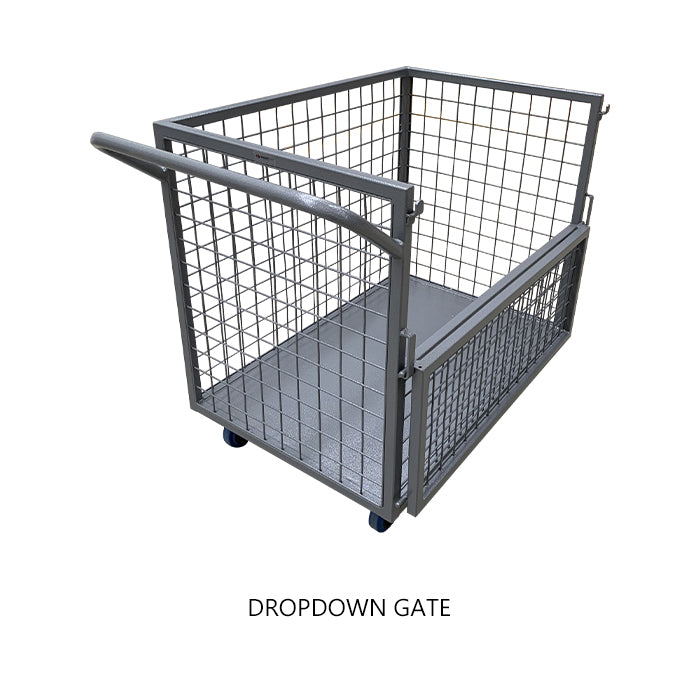 Gray metal utility cart with a dropdown gate and mesh sides, designed for easy transport and storage on wheels.