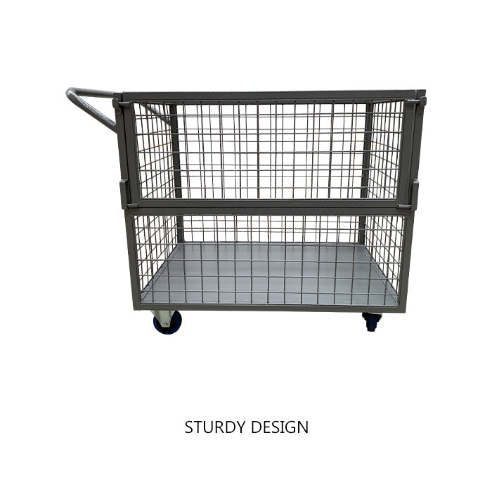 A sturdy metal rolling cart with a wire mesh design and two levels, ideal for storage and transportation of goods.