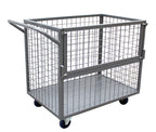 A gray metal mesh cart with wheels and a handle, designed for storage and transportation of items.
