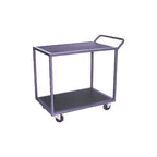 A simple, sturdy metal utility cart with two shelves and wheels, designed for easy transport of items.