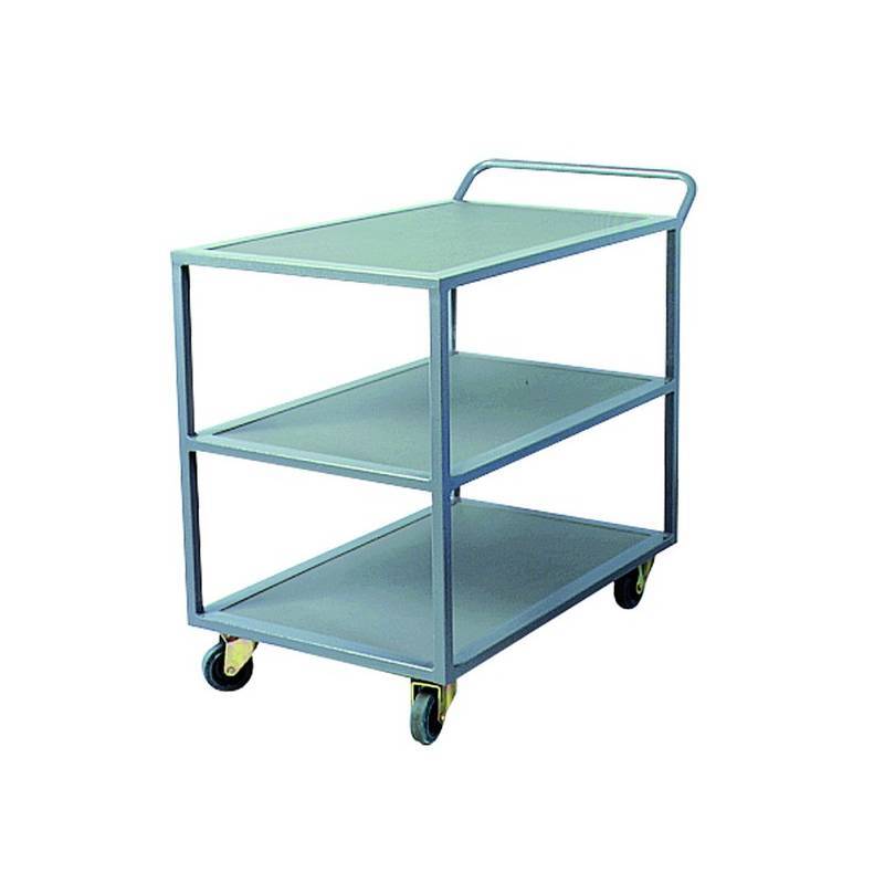 A three-tier metal utility cart with a handle and rolling wheels, designed for easy transportation of items.