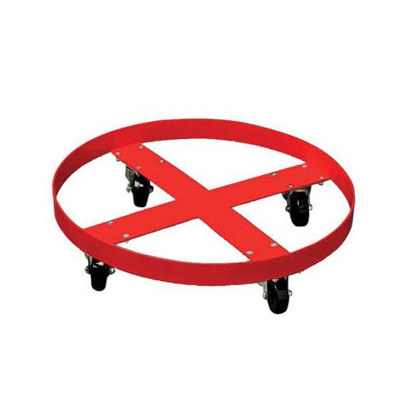 A red circular dolly with an X-shaped design, featuring four wheels for easy mobility in transporting heavy items.