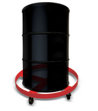 A black industrial drum on a red wheeled cart, designed for easy mobility in a workshop or storage area.