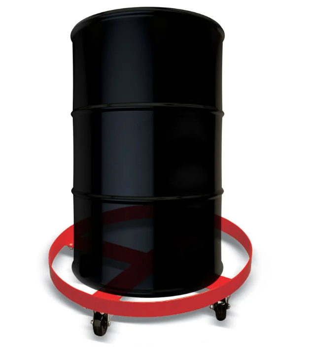 A black industrial drum on a red wheeled cart, designed for easy mobility in a workshop or storage area.