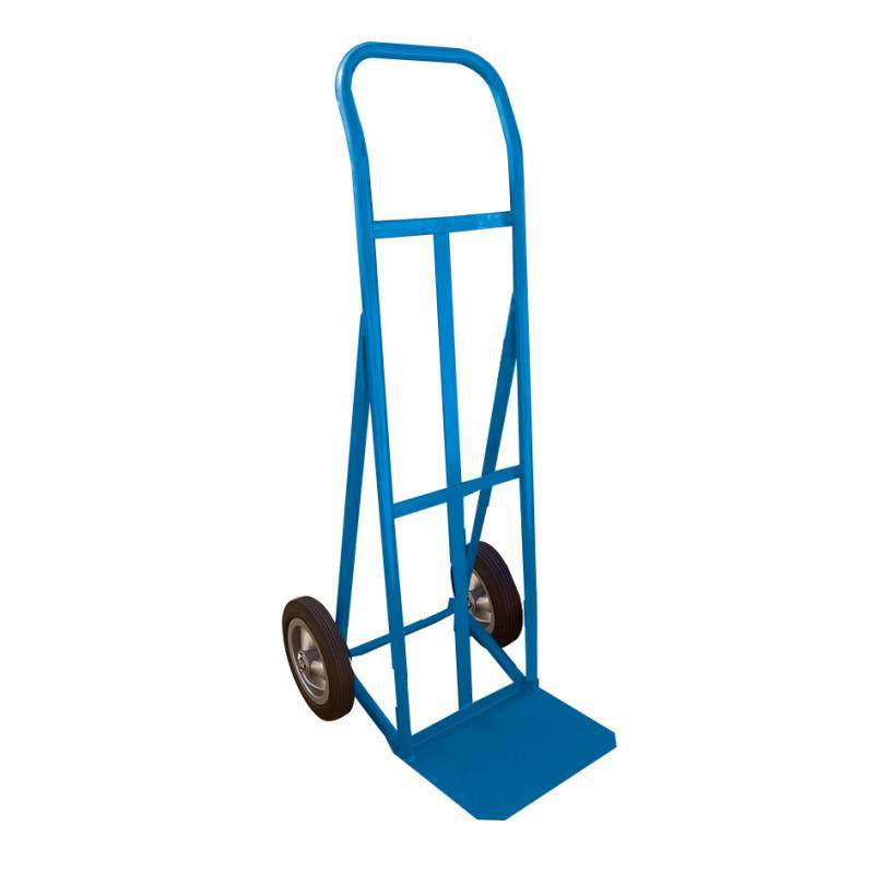 A sturdy blue hand truck with a tall frame, two rubber wheels, and a flat base for transporting heavy items.