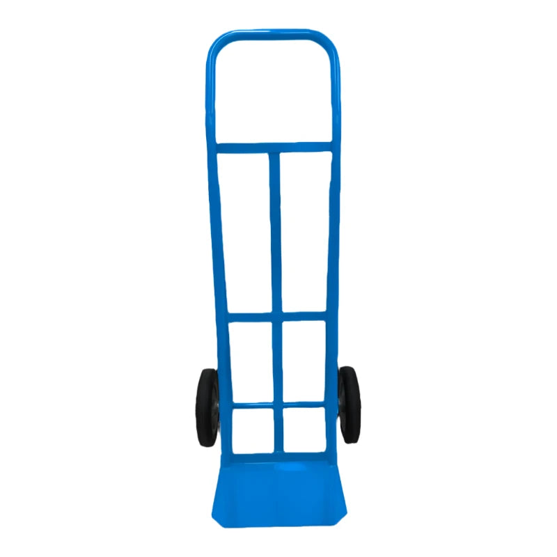A blue hand truck with a tall frame and two black wheels, designed for transporting heavy items.