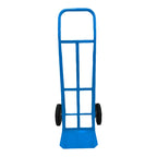 A blue hand truck with a tall frame and two black wheels, designed for transporting heavy items.