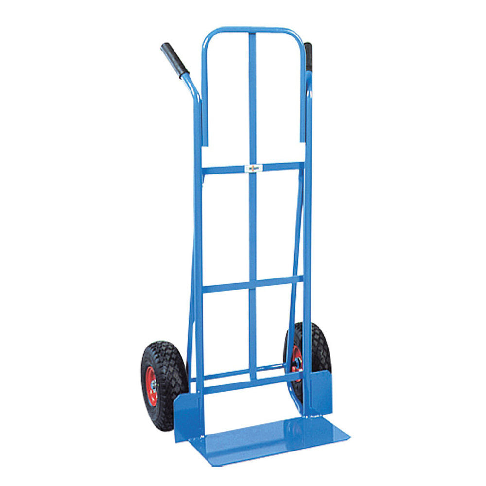 A blue hand truck with a sturdy frame, rubber wheels, and handles, designed for easy transport of heavy items.