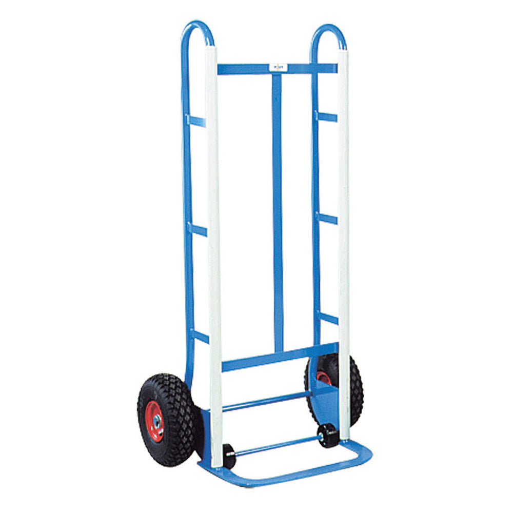 A blue and white hand truck with large black wheels, designed for transporting heavy items easily.