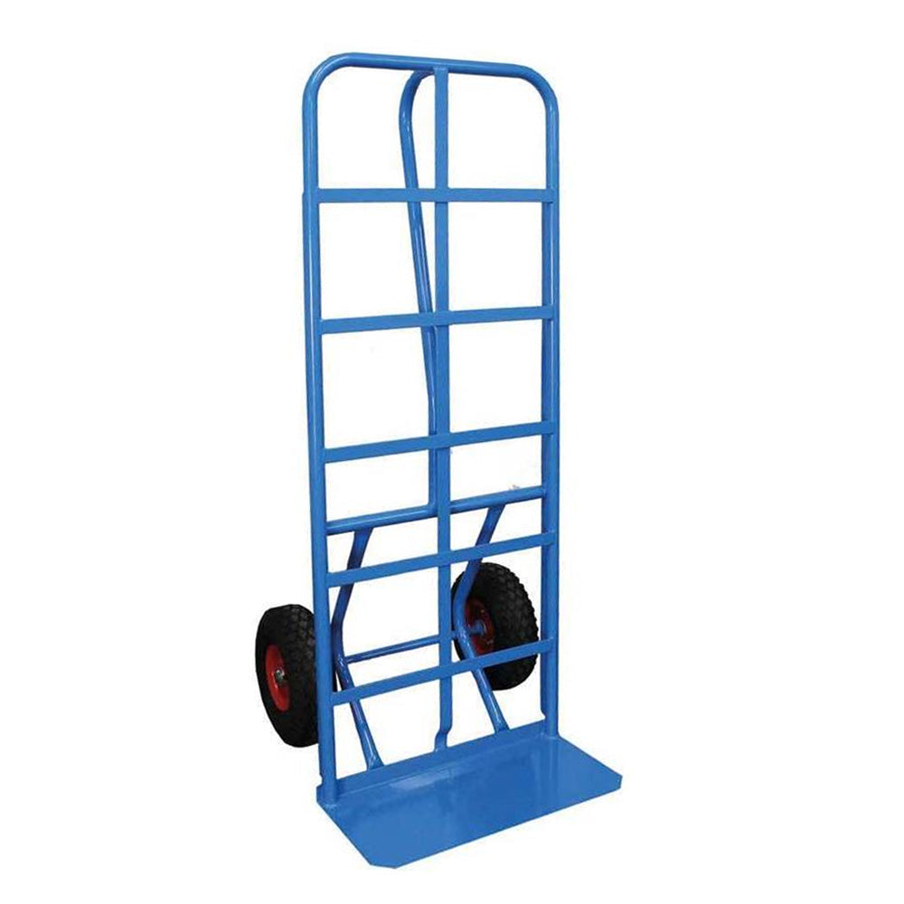 A blue metal hand truck with a tall, grid-like frame and two black wheels at the bottom, designed for transporting heavy items.