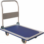 A blue platform cart with a metal handle and four wheels, designed for transporting heavy items easily.