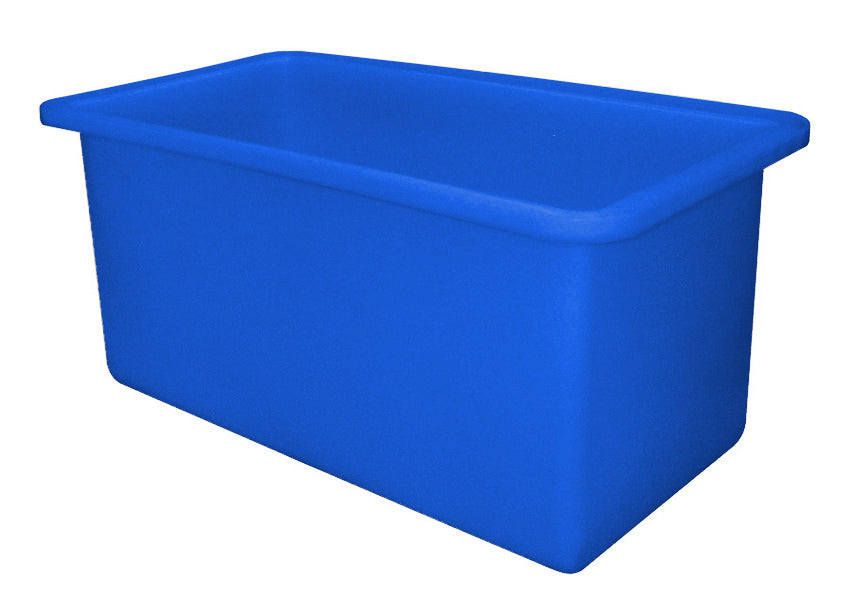Blue rectangular plastic container with smooth edges, viewed from an angle.