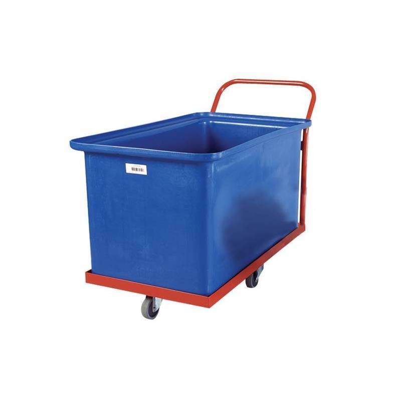 Blue rectangular plastic container with smooth edges, sitting on a red metal dollie with 3 wheels.