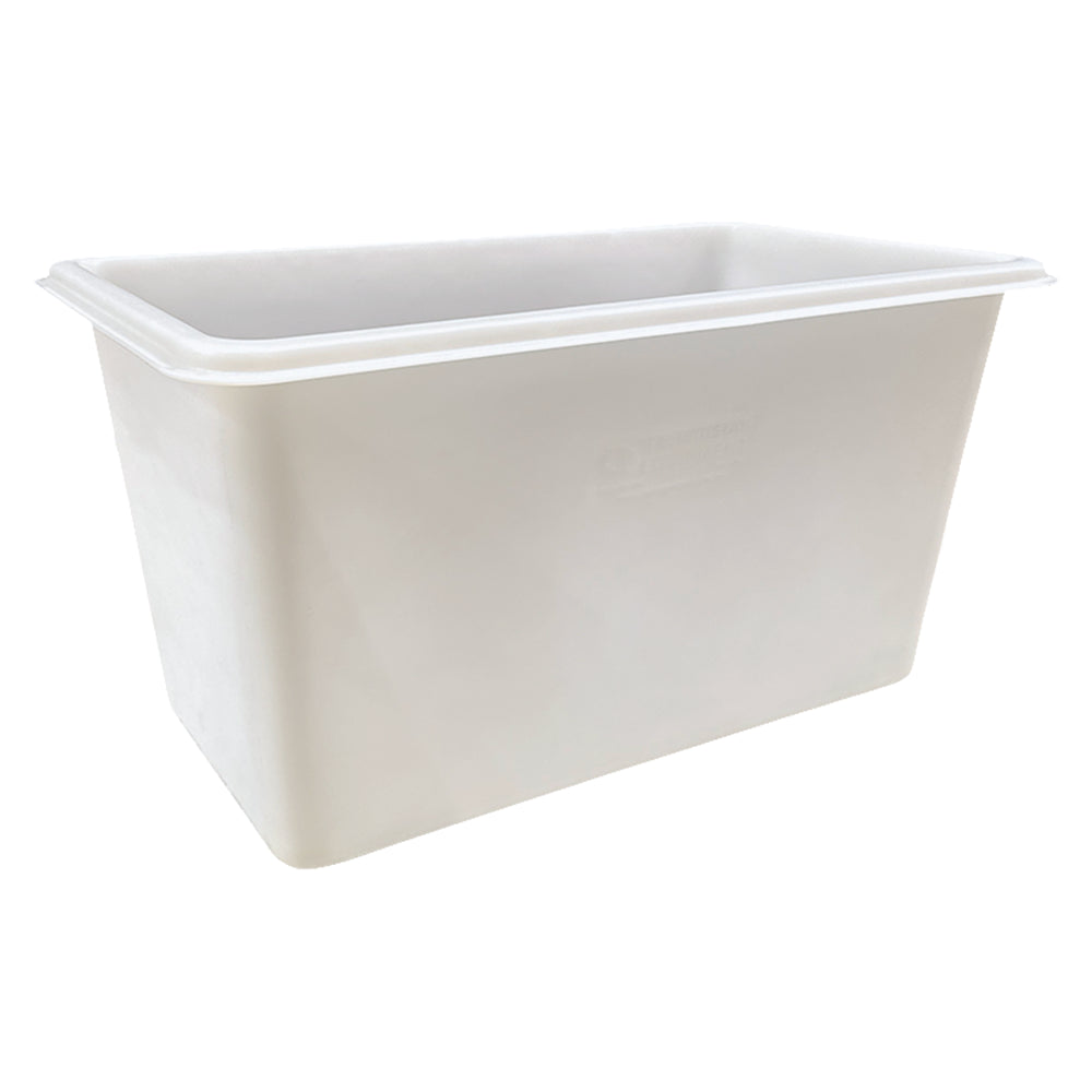A rectangular, white plastic storage container with smooth edges and a minimalistic design, ideal for organising items.