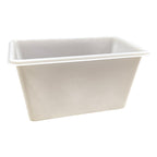 A rectangular, white plastic bin with a smooth surface and slightly tapered design, suitable for storage.