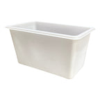 White rectangular plastic container with a smooth surface, featuring raised branding on one side, ideal for storage.