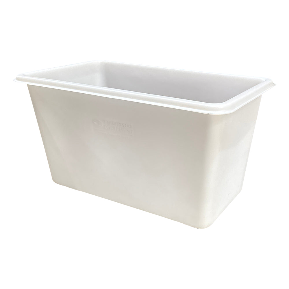 White rectangular plastic container with a smooth surface, featuring raised branding on one side, ideal for storage.