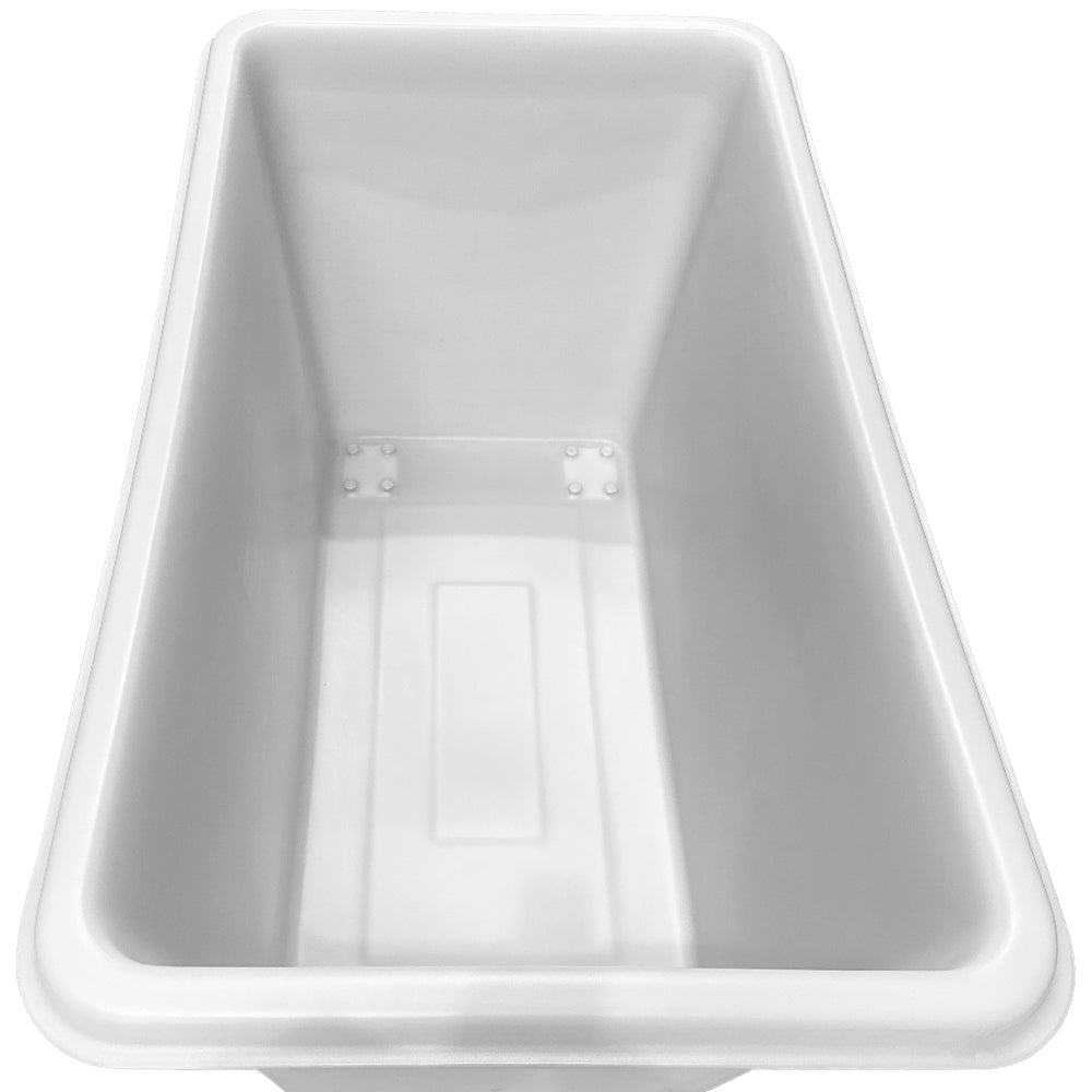 A top-down view of a clean, white, rectangular plastic container with smooth edges and a flat bottom.