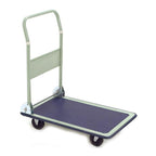 A white foldable  trolley with a textured blue platform and wheels, designed for transporting heavy items.