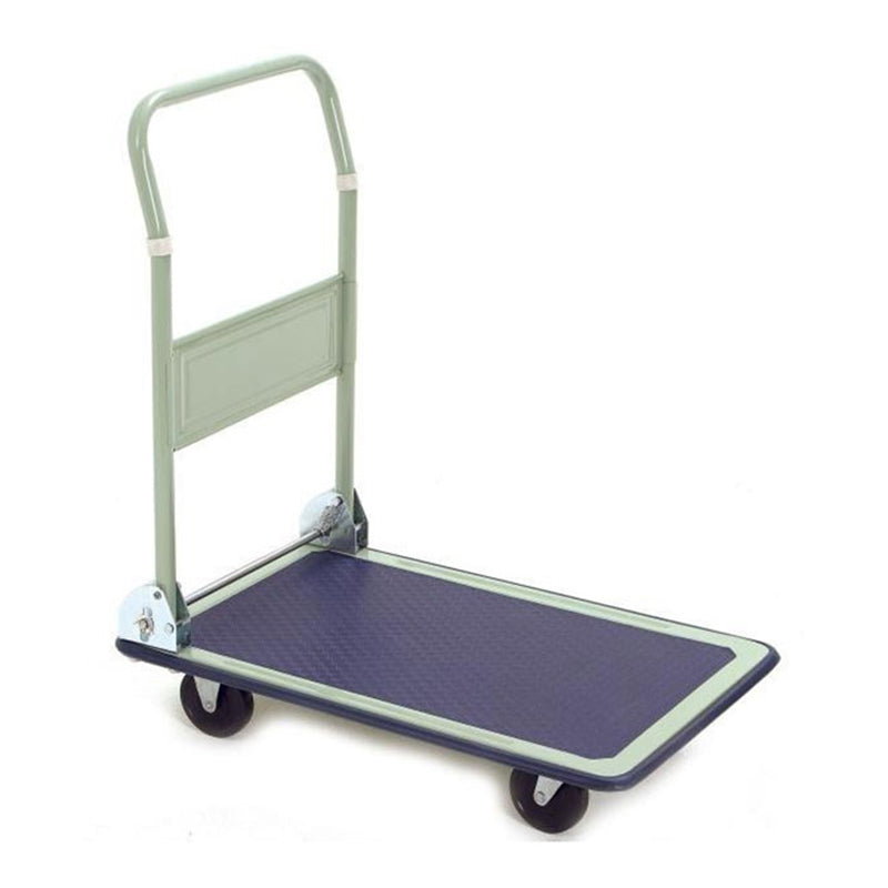 A white foldable  trolley with a textured blue platform and wheels, designed for transporting heavy items.