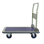 A white and blue platform cart with a textured surface and swivel wheels, designed for transporting heavy items easily.