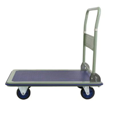 A white and blue platform cart with a textured surface and swivel wheels, designed for transporting heavy items easily.