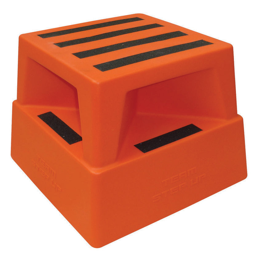 A bright orange safety square step stool with black grip strips on top. Suitable for various indoor uses.