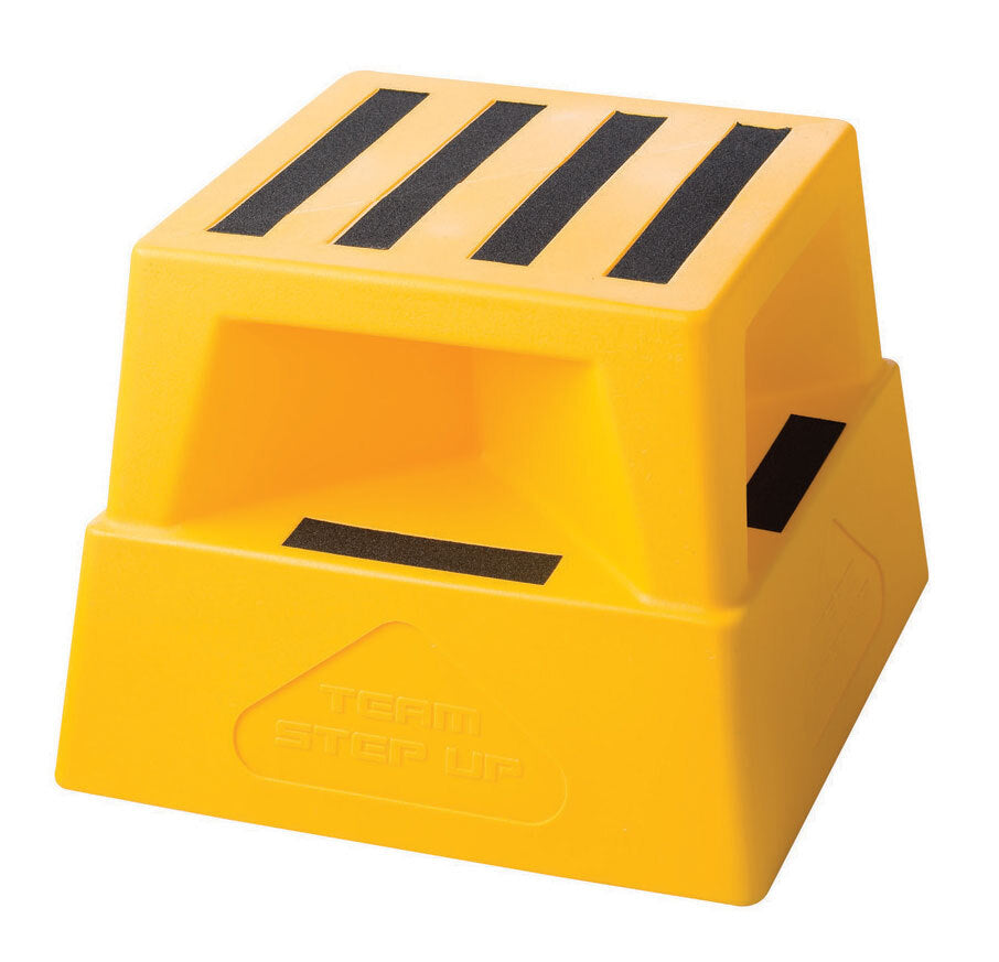 A bright yellow safety square step stool with black grip strips on top. Suitable for various indoor uses.