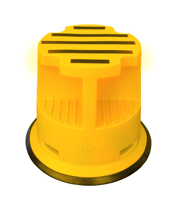 Bright yellow circular plastic safety step stool with striped top and rubber base. Suitable for various indoor uses.