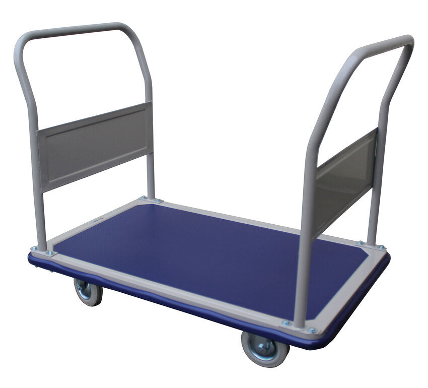 Blue platform cart with a sturdy metal frame and two handles, designed for easy transport of heavy items.