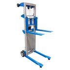 A blue and silver manual lift with a platform on wheels, designed for lifting and moving heavy items with ease.