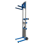 A tall blue and gray vertical lift with two horizontal shelves, wheels, and height-adjustable features for transporting items.