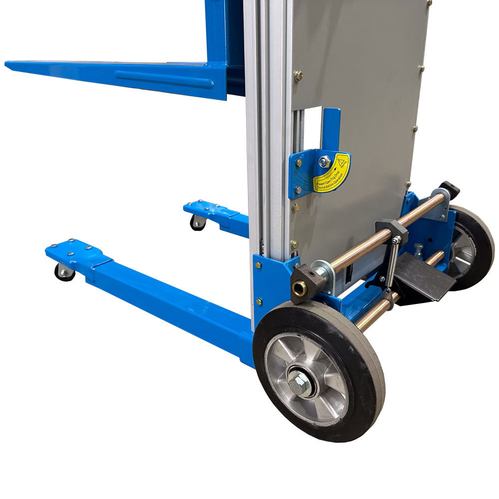 Close-up of a blue trolley with two large sturdy wheels and a platform, designed for transporting heavy items efficiently.